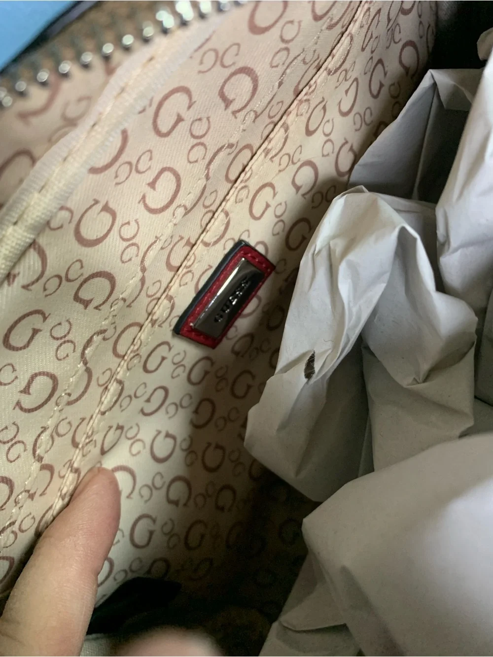 Guess Brown Monogram Satchel with Red Trim and Strap